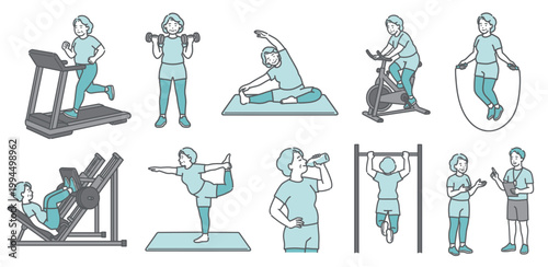 様々な運動をするぽっちゃりシニア女性の10点セットイラスト（笑顔）