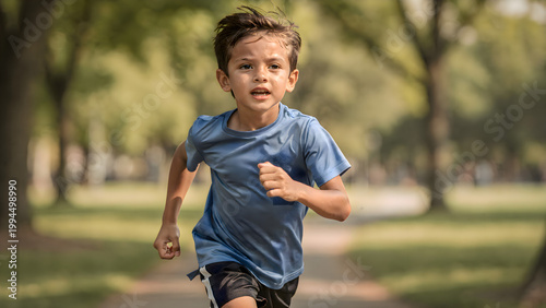 Young boy running down path in park, child having fun and exercising outdoors during summer day, active healthy lifestyle and childhood