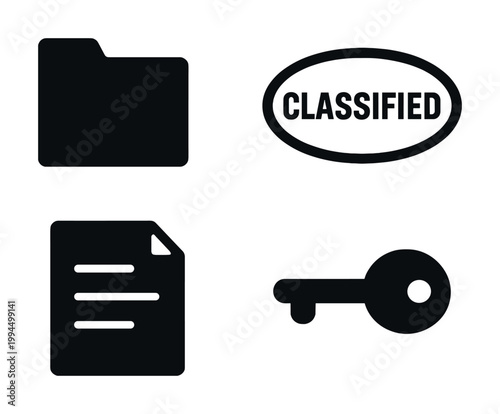 Classified documents and security key icons in black and white design