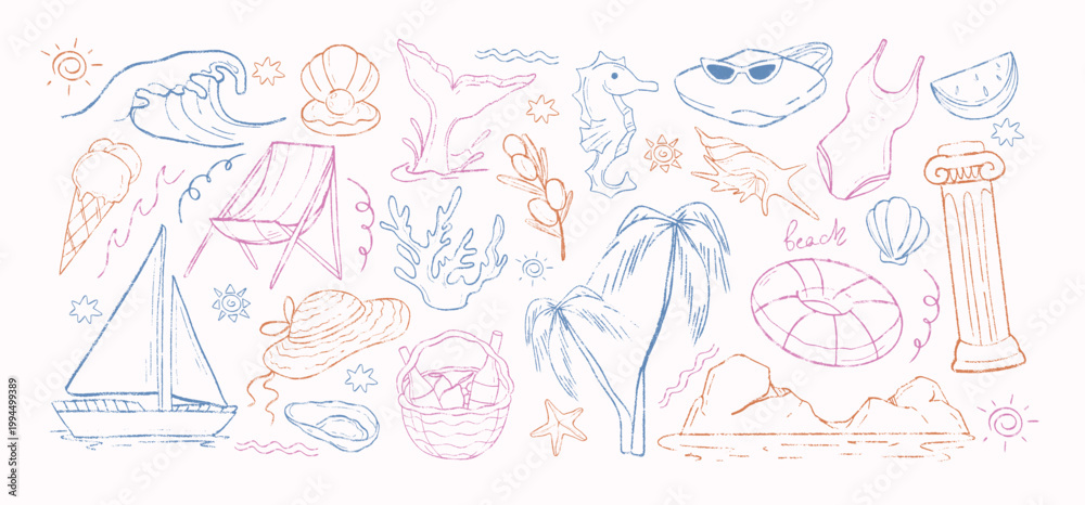 Fototapeta premium Hand drawn sketch crayon coastal elements. Mediterranean summer sea vacation charcoal doodle icons. Chalk outline beach chair, sun hat, ice cream, tropical fruits, lifebuoy, greek column, ocean cliffs