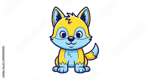 Cute cartoon fox character, yellow and blue, sitting, isolated on white