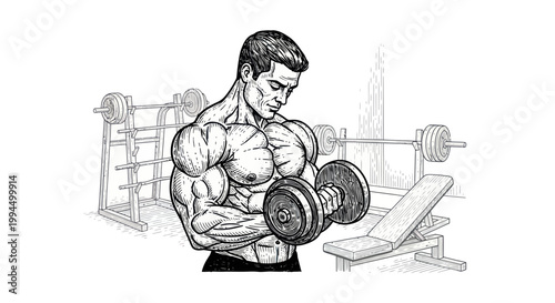 Muscular Man Lifting Dumbbell, Bicep Curl Exercise, Fitness Gym Illustration
