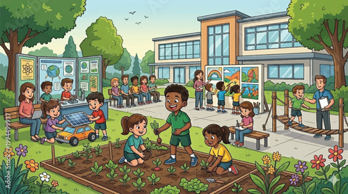 diverse group of school children participating in outdoor educational activities including gardening, painting, and science projects.