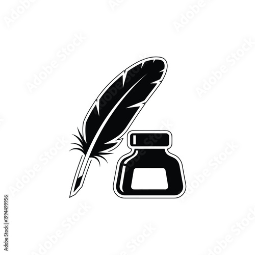 Feather quill and inkwell icon set isolated on white background