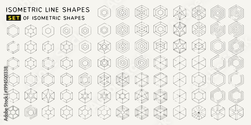 Collection of various isometric line shapes arranged in a grid pattern