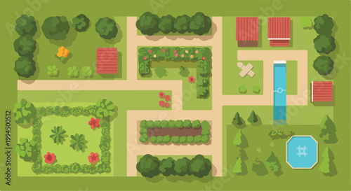 Flat vector garden map illustration, top view landscape design with green trees and bushes, backyard park layout with pool and paths
