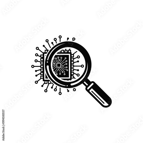 Magnifying glass examining virus with circuit board isolated on white background