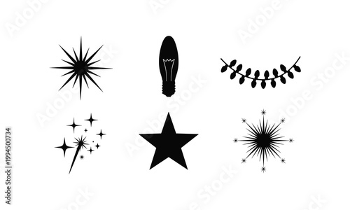 Sparkling starbursts and light bulb illustration, a festive vector silhouette.