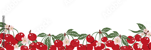 Bright red cherries cluster along a leafy branch. Soft pink blossoms peek between the fruit. Green leaves frame the cherries with natural grace. The image feels fresh, sweet, and inviting