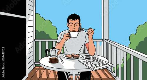 Man eating breakfast on balcony.