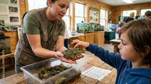 Female zookeeper shows child large frog in educational wildlife center