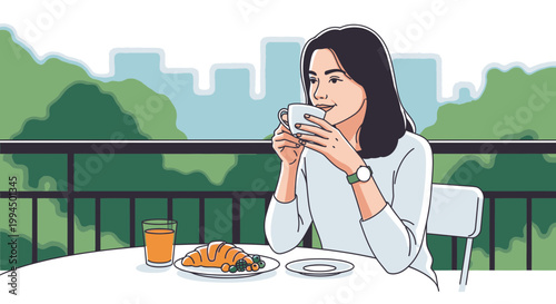 Woman Drinking Coffee on Balcony.