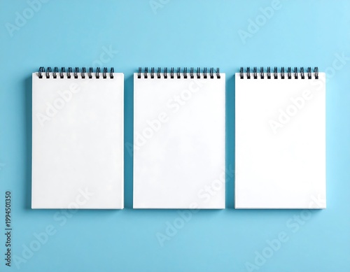 Three blank spiral notebooks on blue.
