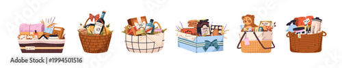 Gift baskets with different kits set. Straw hampers with presents and groceries. Boxes for treats, wine, sports items, cosmetics, kids toys and candies. Flat isolated vector illustrations on white
