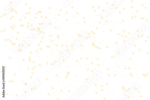Shimmering gold dust on transparent background with scattered glitter light effect. Sparkling overlay with golden particles and stardust for luxury holiday illumination and designs.