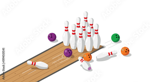 Dynamic isometric bowling scene depicts white pins with red stripes being knocked over by purple orange and green balls on a polished wooden lane.
