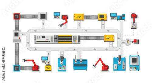 A sophisticated automated industrial factory assembly line features vibrant red robotic arms and yellow machinery units operating on a light grey floor space.