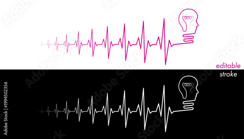 Editable cardiogram monitor, cardio diagnosis, male, businessman head bulb vector. Heart rhythm line vector design to use for healthcare, healthy lifestyle, medical strategy, medical business. 