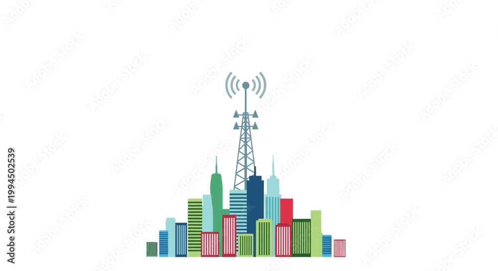 Fototapeta premium A vibrant and colorful city skyline composed of simplified skyscrapers sits beneath a tall grey communication tower emitting signal waves into the clear air.