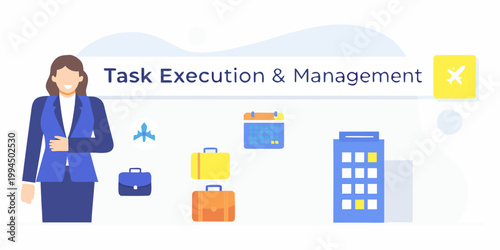 Professional woman presenting task execution and management concepts visually