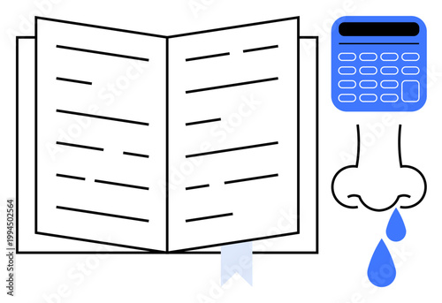 Education, health challenges, financial planning, reading habits, self-care, calculations. Open book with pages, blue calculator and runny nose graphic. Education and health challenges conceptual