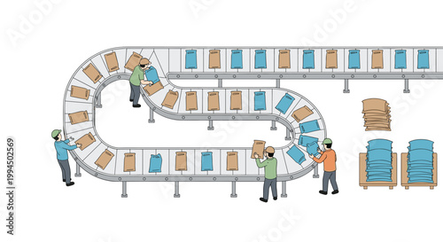 Multiple workers in colorful uniforms operate a winding S-shaped conveyor belt system filled with brown and blue sacks within a bright industrial facility.
