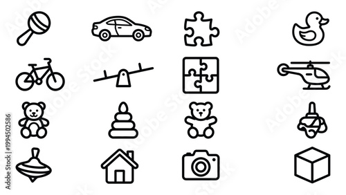 Collection of vector toy icons on white background with teddy bear stacking rings graphic resources hobbies and leisure collection isolated childhood helicopter spinning top illustration