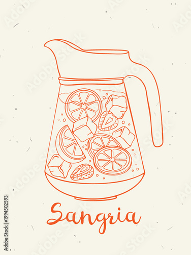 Sangria pitcher with orange slices, strawberry and ice cubes, whimsical hand drawn line art style. Spanish cocktail for poster, bar menu design, kitchen wall art, travel card, branding, summer drink.