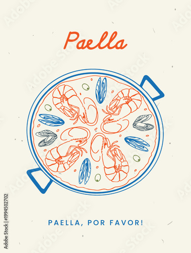 Spanish paella pan with shrimps and mussels in whimsical doodle line art style. Mediterranean seafood vector illustrstratio for poster, restaurant menu design, kitchen wall art, food branding