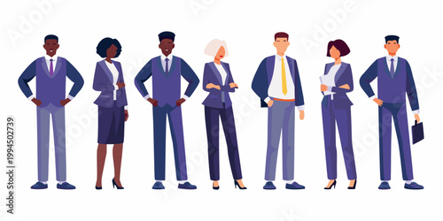 Diverse group of professionals standing in a row looking forward