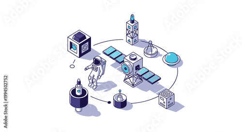 Industrial manufacturing process, factory production line, robotic assembly, isometric workflow