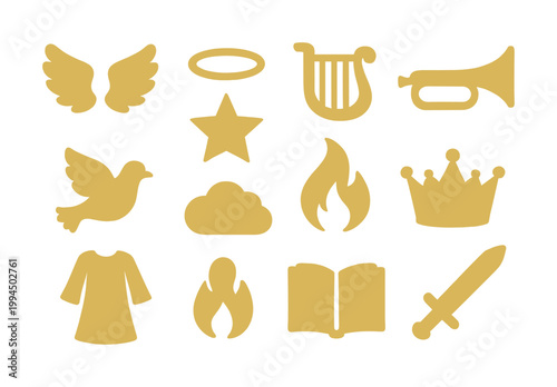 Set of christian symbols: angel wings, halo, dove, lyre, trumpet, star, cloud, flame, crown, robe, book, sword