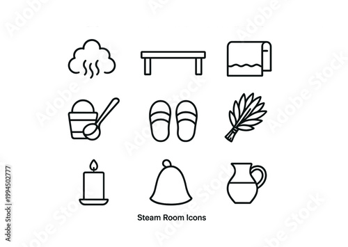 Steam room icon set: sauna bench, steam, towel, bucket, slippers, leaves, candle, bell, jug