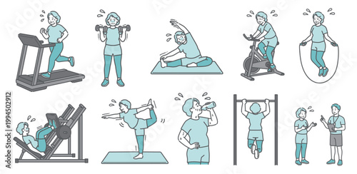 様々な運動を辛そうにするぽっちゃりシニア女性の10点セットイラスト