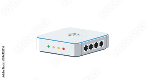 A modern white wireless internet router features four black ethernet ports and glowing status indicator lights on a clean minimalist white background.