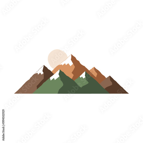 Mountain range at sunset with rising sun isolated on white background