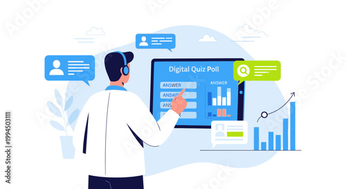 Man using digital quiz poll on tablet, online survey, analytics, and feedback concept