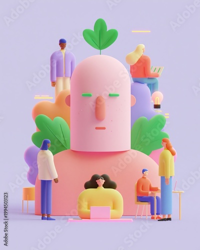 Colorful Illustration of a Surreal Character with Surrounding People and Plants