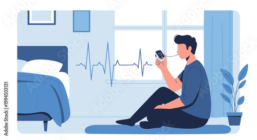 Man using pulse oximeter at home, monitoring heart rate and breathing, health check