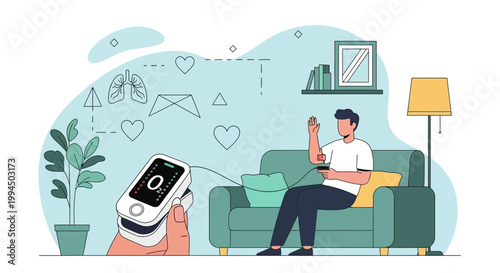 Man using pulse oximeter at home, monitoring oxygen saturation and heart rate
