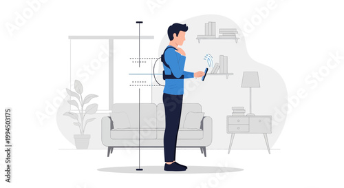 Man using wearable technology for posture correction and body scanning in a modern living room
