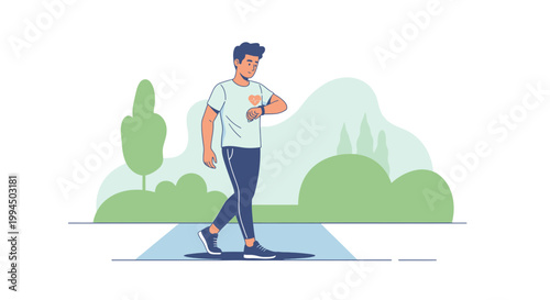 Man walking in park checking smartwatch, healthy lifestyle, fitness tracker, outdoor activity