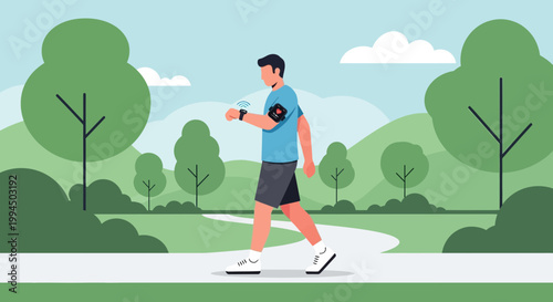 Man walking in park with fitness tracker, healthy lifestyle, outdoor activity