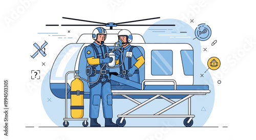 Medical Helicopter Rescue Team with Stretcher and Oxygen Tank