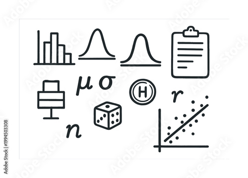 Vector Statistics symbols and graphs: bar chart, bell curve, scatter plot, dice, clipboard, sigma