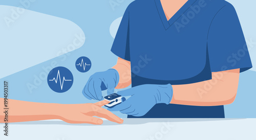Medical professional checks patient's oxygen saturation with pulse oximeter, vital signs monitoring