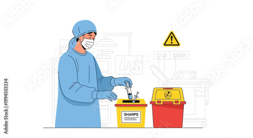 Medical professional disposes of syringe in sharps container, safety and healthcare concept