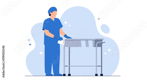 Medical professional cleaning hospital equipment, healthcare hygiene and sanitation concept