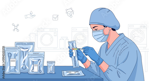 Medical professional in sterile clothing examines a test kit, laboratory equipment in background