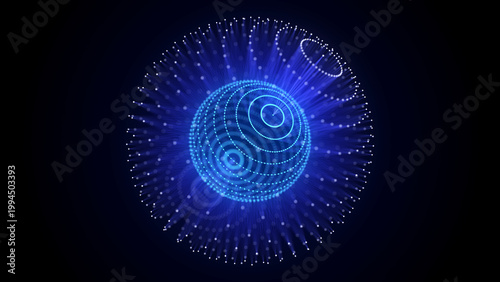 Technology blue sphere with connecting dots and lines. Digital abstract network structure. 3D rendering.